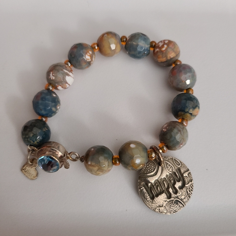 925 Ocean Jasper Swarovski Blue Topaz Clasp Happy Charm Bracelet Sterling Silver